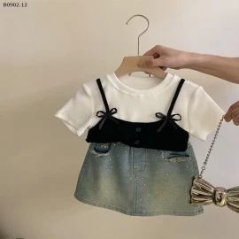 SET ÁO THUN GIẢ 2 MẢNH MIX CHÂN VÁY ĐÍNH ĐÁ-giá sỉ như sau áo 148k quần 195k