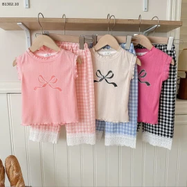 SET ÁO NƠ QUẦN KẺ PHỐI REN BG - si 145k