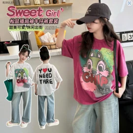 ÁO PHÔNG HOẠT HÌNH PHỐI QUẦN JEAN CHO BÉ GÁI -sỉ Áo : 159k            Quần : 182k 