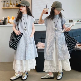 Set áo kẻ mix váy trắng sz đại cho bé -sỉ 230k