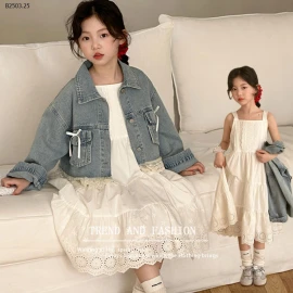 Set áo jean mix váy trắng phối ren 2s bản to-sỉ Áo : 222k            Váy : 217k