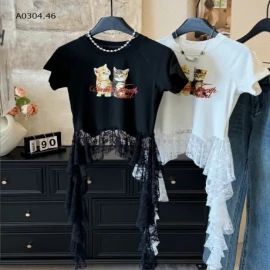 ÁO THUN HÌNH MÈO PHỐI LƯỚI ANNA-sỉ 142k