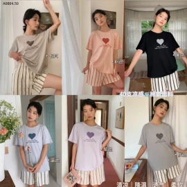 BỘ MẶC NHÀ ÁO HÌNH TIM QUẦN KẺ CHO NỮ -sỉ 173k