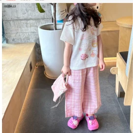 SET ÁO THUN PHỐI QUẦN KẺ CARO BÉ GÁI - sỉ áo: 108k  quần: 147k 