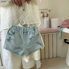 QUẦN SHORT JEAN ĐÍNH NƠ VÀ HẠT TRẮNG CHO BÉ GÁI-sỉ 110k