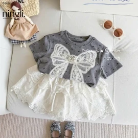 SET ÁO HOẠ TIẾT NƠ MIX CHÂN VÁY REN CHO BÊ GÁI5-sỉ 211k