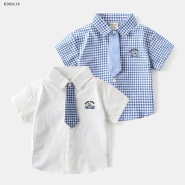 ÁO SƠ MI CỘC TAY BÉ TRAI KÈM CÀ VẠT-sỉ 100k