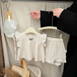 SET ÁO SÁT NÁCH THÊU NƠ MIX QUẦN SHORT BÈO  -sỉ 143k