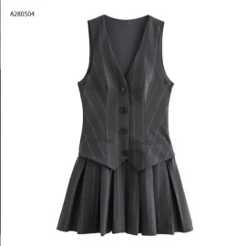 SET ÁO VEST SÁT NÁCH MIX CHÂN VÁY XẾP LY NỮ KASLEAD - sỉ 253k
