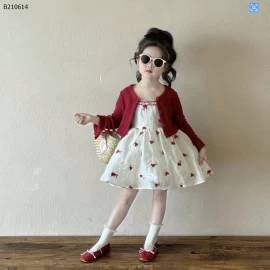 Váy hoa đỏ và áo khoác cardigan dệt kim cho bé -giá sỉ như sau Áo len cardigan màu đỏ  giá 135k Váy yếm hoa màu đỏ giá 214k
