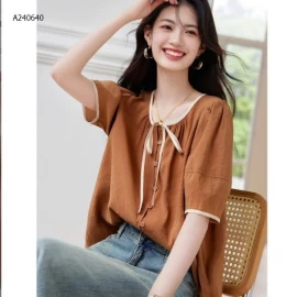 ÁO SƠ MI CỔ TRÒN  PHỐI NƠ NỮ - sỉ 119k