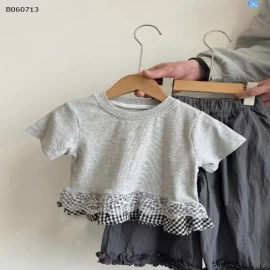 ÁO CỘC TAY PHỐI VIỀN KẺ BG - sỉ áo 143k, quần 143k