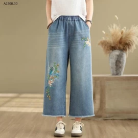 Quần jeans thêu cạp chun ống thẳng - sỉ 275k