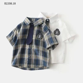 ÁO SƠ MI CỘC TAY BÉ TRAI KÈM CÀ VẠT NHÀ WAPYPY-Sỉ 95k