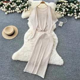 áo dệt kim cổ tròn khoét lỗ không tay + chân váy buộc eo-Giá sỉ 235k