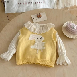 Áo gile vest dệt kim họa tiết hoạt hình phối sơ mi nhà Ningli - sỉ 195k/set 