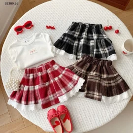 CHÂN VÁY  KẺ CARO PHỐI REN -Giá sỉ 118K