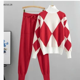 SET áo len kẻ caro dệt kim hai mảnh thu đông-Giá sỉ 246k