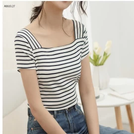 ÁO KẺ CỔ RỘNG CANVAUS  - sỉ 172k