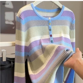 ÁO LEN KẺ SẮC MÀU CÚC NGỰC ANNA-Giá sỉ 174k