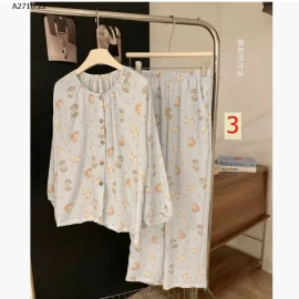   BỘ NGỦ COTTON NHĂN HỌA TIẾT DÀI TAY CHO NỮ - sỉ 168k