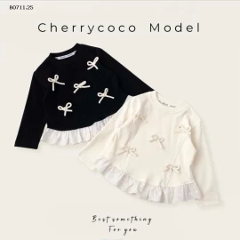 ÁO THUN NƠ DÀI TAY PHỐI BÈO REN -Giá sỉ 145k