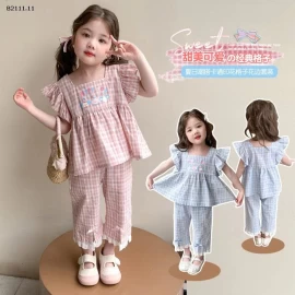 Bộ đồ họa tiết kẻ caro tay bồng cho bé gái-sỉ 224k