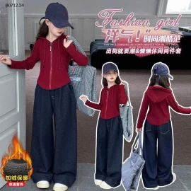 SET ÁO KHOÁC LEN ĐỎ MIX DENIM SUÔNG-sỉ Áo : 199k        Quần : 178k 