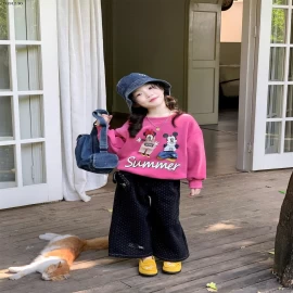 ÁO NỈ HỒNG MIX JEANS SUÔNG CHẤM BI- Giá sỉ áo 200k  quần 235k 