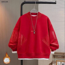 Áo nỉ cổ tròn lót lông cừu màu đỏ cho bé trai- giá sỉ 209k