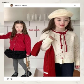 ÁO CARDIGAN LEN CHẤM BI AMBB-Giá sỉ  sz 90-150: 198k sz 160: 215k
