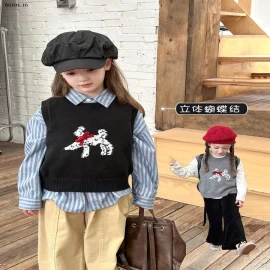 Áo gile len thiết kế nơ 3D và hình chú cún  cho bé nhà  AMBB-Giá sỉ  sz 90-150: 140k sz 160: 153k