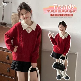 ÁO LEN ĐỎ PHỐI CỔ SƠ MI BG -Giá sỉ 258k