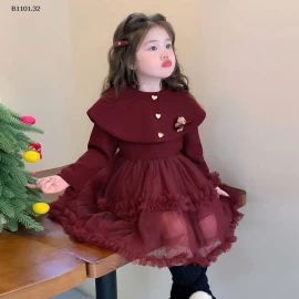 Đầm voan lót lông cừu họa tiết gấu đỏ cho bé gái -Giá sỉ 268k