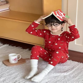 Bộ đồ ngủ trẻ em màu đỏ năm mới bằng cotton nguyên chất nhà AMBB  - sỉ giá  sz 90-150: 141k sz 160 : 162k sz 170 : 175k
