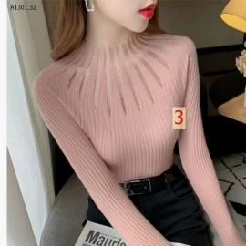 ÁO LEN GÂN PHỐI LƯỚI ĐÍNH ĐÁ CỔ CAO  sỉ 190k