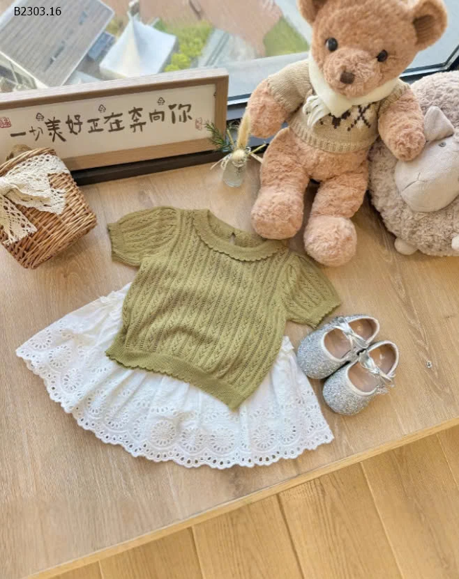 Set áo dệt kim mix chân váy ren bé gái -sỉ 203k