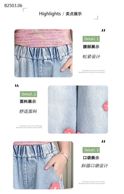 QUẦN JEAN ĐÍNH HOA CHO BÉ GÁI SZ ĐẠI -sỉ 165k