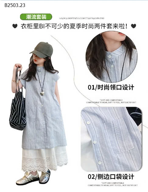 Set áo kẻ mix váy trắng sz đại cho bé -sỉ 230k