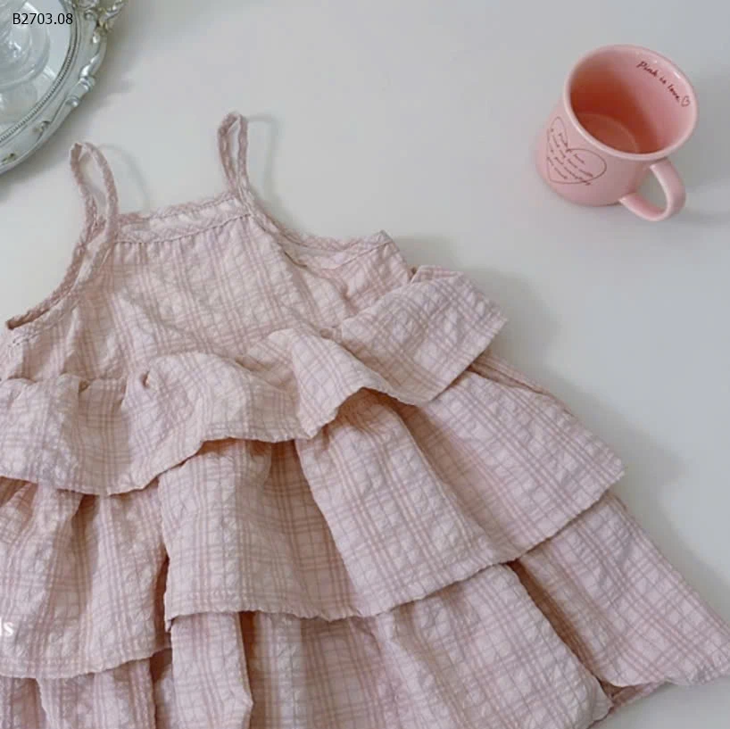 VÁY 2 DÂY KẺ HỒNG 3 TẦNG BÉ GÁI-sỉ 142k