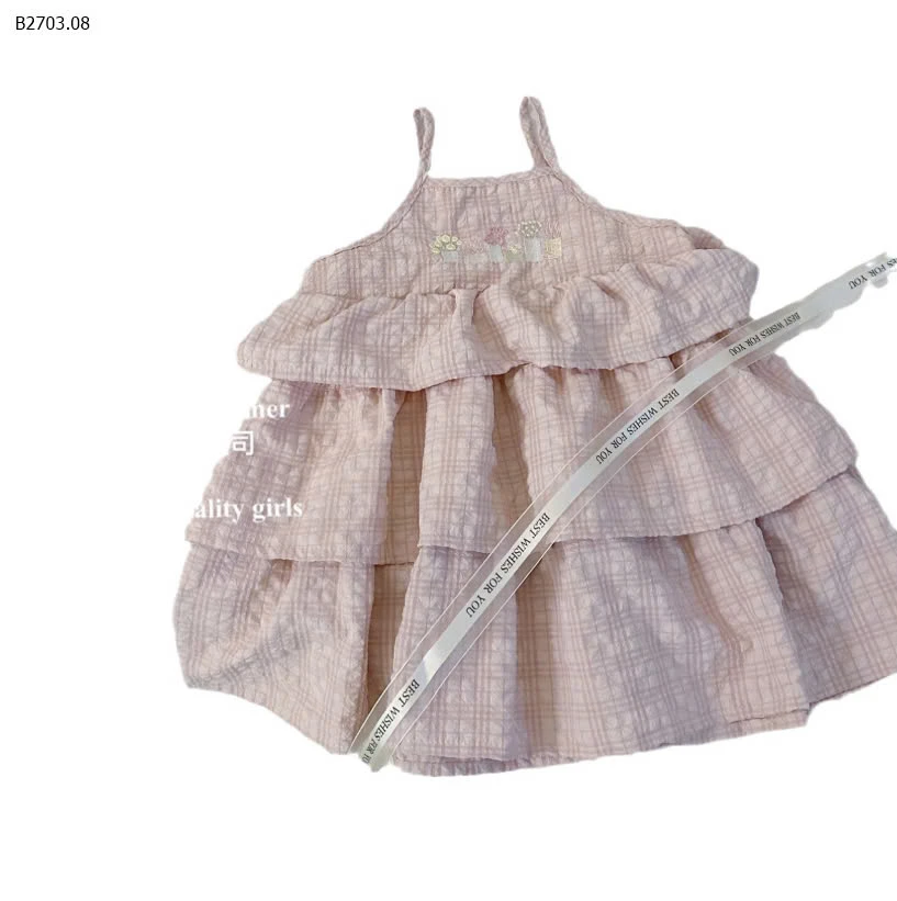 VÁY 2 DÂY KẺ HỒNG 3 TẦNG BÉ GÁI-sỉ 142k