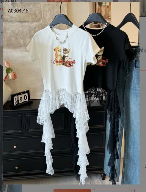 ÁO THUN HÌNH MÈO PHỐI LƯỚI ANNA-sỉ 142k