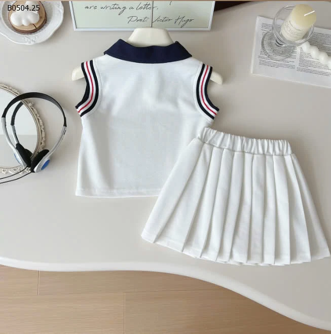 SET ÁO POLO MIX CHÂN VÁY XẾP LY CHO BÉ GÁI-sỉ 165k