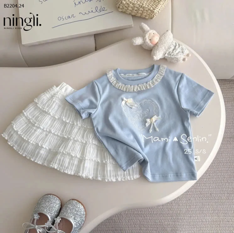 Set áo thun mix chân váy voan xếp ly cho bé gái-sỉ Áo : 93k           Váy : 121k