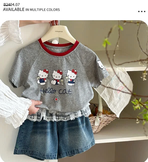 SET ÁO HELLO KITTY + SHORT JEAN PHỐI REN NINGLI-sỉ Áo : 93k           Quần : 145k 