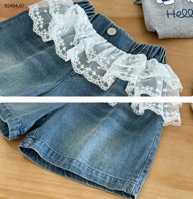 SET ÁO HELLO KITTY + SHORT JEAN PHỐI REN NINGLI-sỉ Áo : 93k           Quần : 145k 