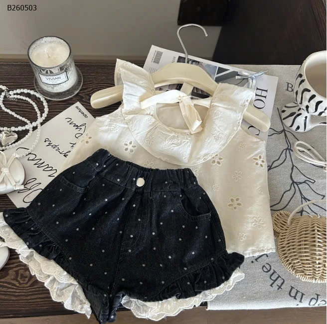 SET QUẦN SOOC JEAN CHẤM BI PHỐI ÁO -sỉ giá áo : 139k giá quần 142k