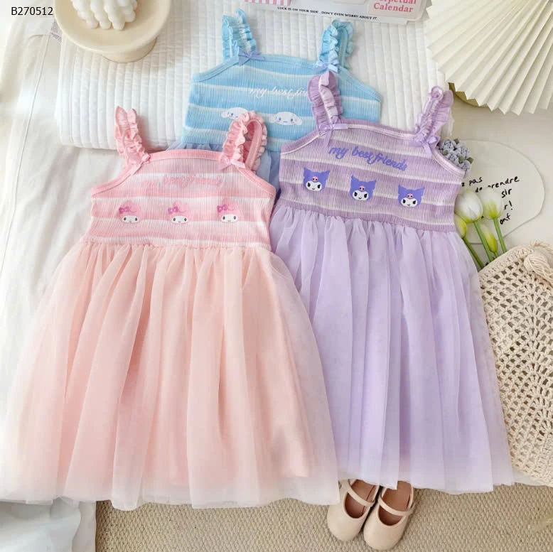 VÁY 2 DÂY BÈO HOẠT HÌNH PHỐI CHÂN LƯỚI BG  - sỉ 106k