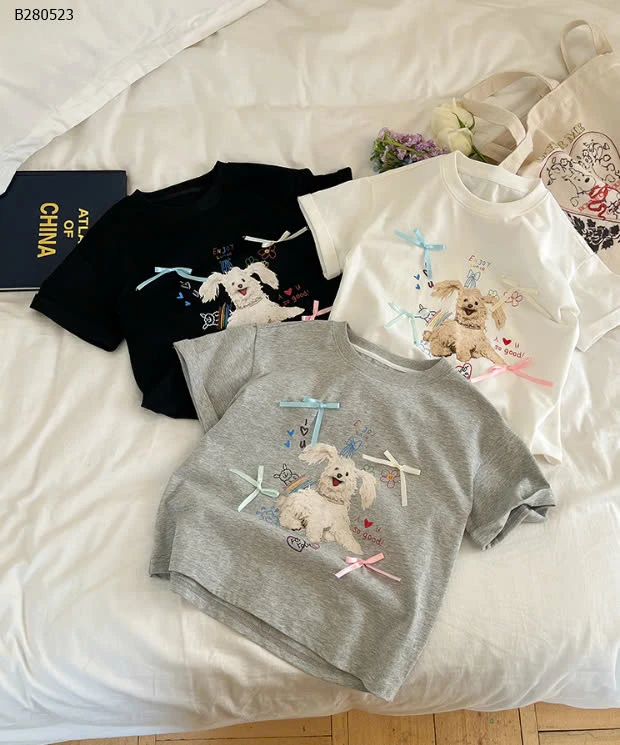 ÁO THUN CÚN ĐÍNH NƠ AMBB  -Sỉ  sz 90-150: 116k sz 160: 129k