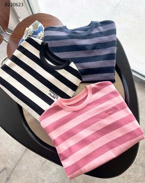 Áo thun tay ngắn kẻ sọc thêu chữ AMBB cho bé -Sỉ 125k